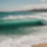 A stunning view of Bondi Beach with surfers catching waves