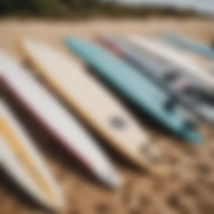 Close-up of surfboards lined up on the sand