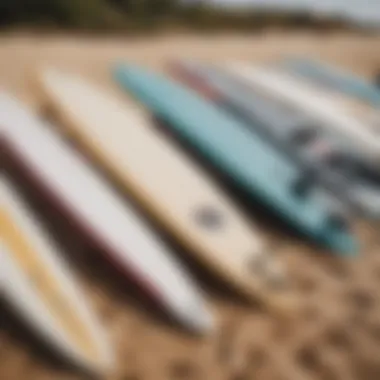 Essential Surf Gear: Surfboards Ready for Action Close-up of surfboards lined up on the sand