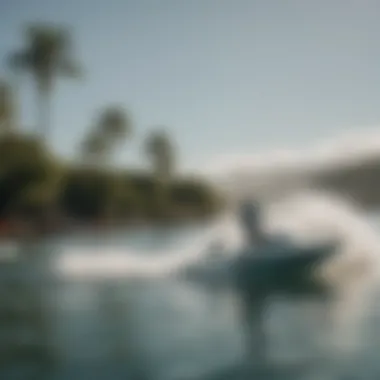 A serene waterscape showing a group of enthusiasts practicing their speed skimming techniques.