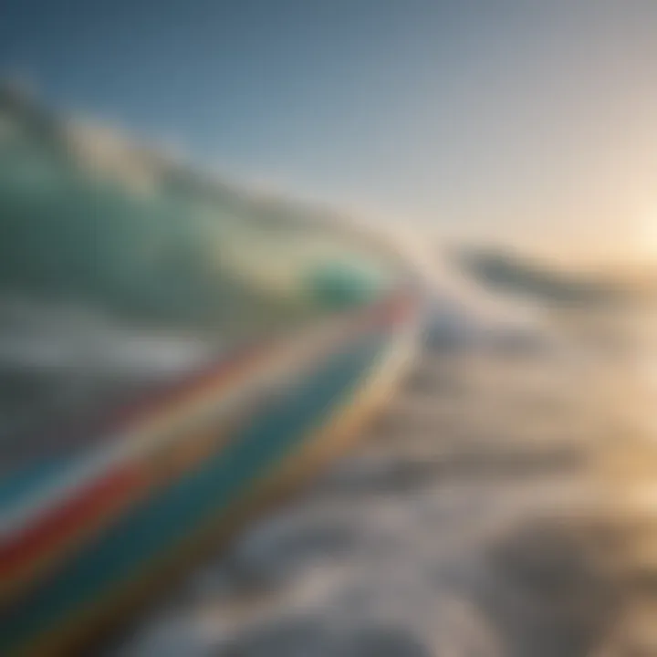 A close-up of a surfboard with vibrant designs