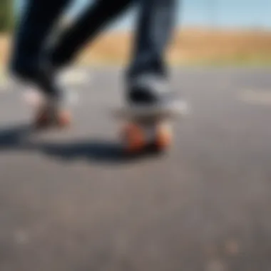 Close-up of skateboard wheels during an ollie