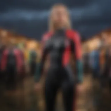 An assortment of colorful Mystic Diva wetsuits displayed creatively