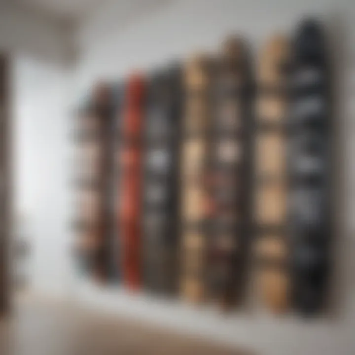 Organized wall with multiple board racks displaying different types of boards in a stylish manner.