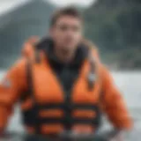 Illustration of a self-deploying life jacket in action on water