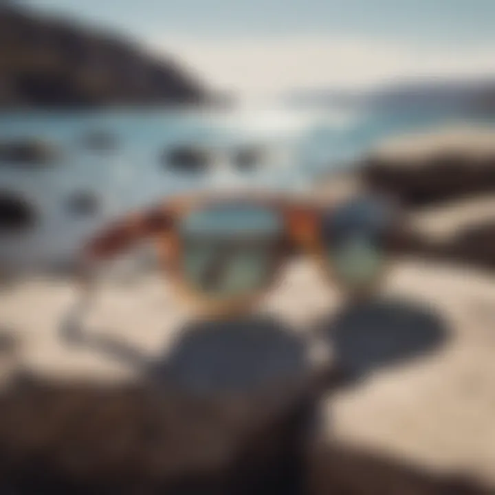 Stylish Smith Shoutout sunglasses resting on a rocky surface by the water