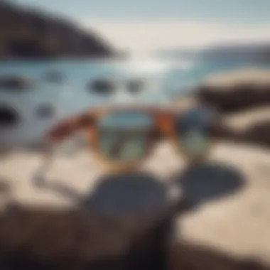 Smith Shoutout Sunglasses Design Stylish Smith Shoutout sunglasses resting on a rocky surface by the water