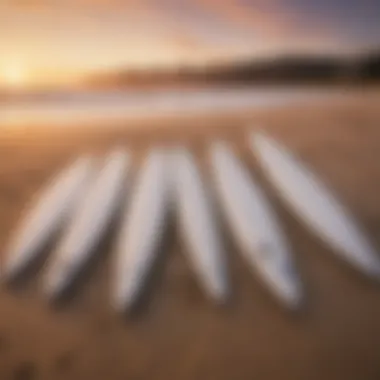 Surfboards lined up on a sandy beach at sunrise