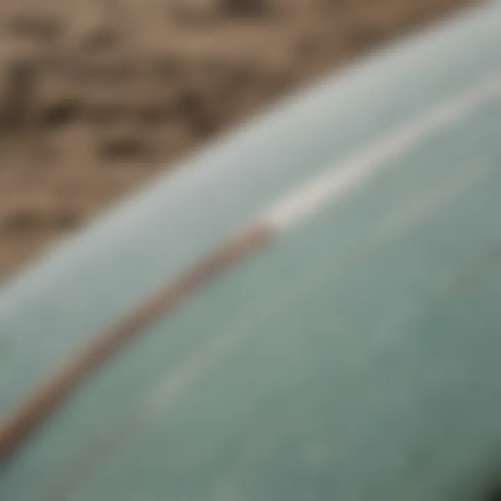 Close-up view of a surfboard's features