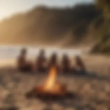 A group of friends gathering around a beach bonfire