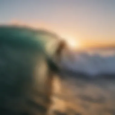 Surfer riding a powerful wave during sunset