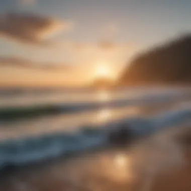 Serenity at Dawn: The Surf Break Awaits A stunning sunrise over a surf break with waves crashing on the shore