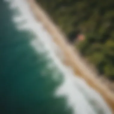 An aerial view of a popular surf spot surrounded by lush landscapes