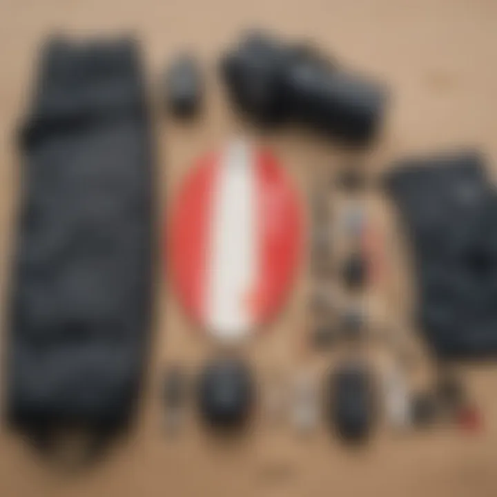 A close-up of essential surf gear laid out on the sandy beach