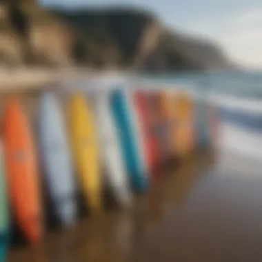 Colorful surfboards lined up against a backdrop of stunning coastal cliffs