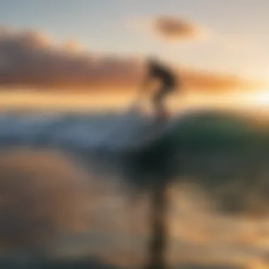 A surfer riding a wave at sunrise in Monterey Bay