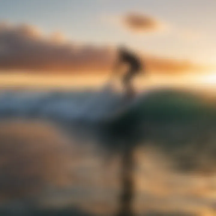 A surfer riding a wave at sunrise in Monterey Bay