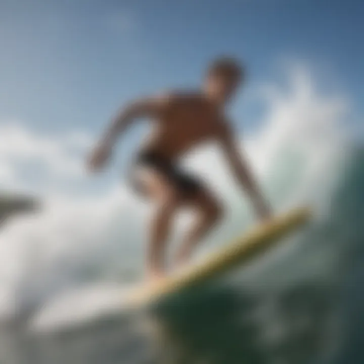 A dynamic scene of a surfer using a simulator machine, exhibiting realistic motion and balance.