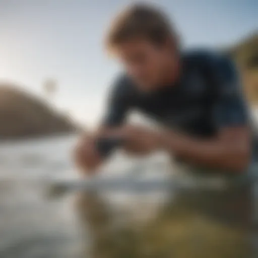 A surfer checking real-time conditions on a smartphone