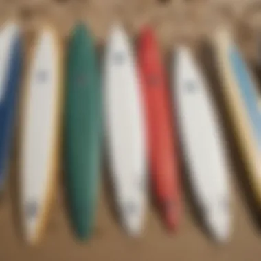 Diversity of Surfboard Gear An array of surfboards lined up on a sandy beach, highlighting variety in gear