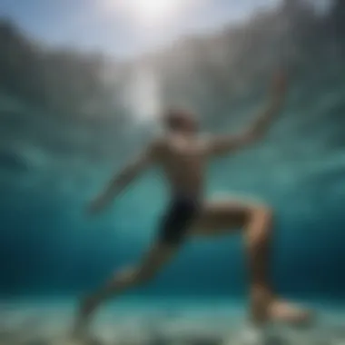 Swimmer in Action with Used Swim Fins A serene underwater scene showcasing a swimmer using used swim fins during practice.