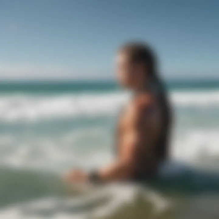 A surfer wearing braided bracelets while riding a wave