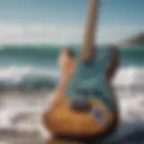 A vintage surf guitar with a stunning ocean backdrop