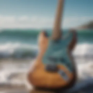 The Iconic Surf Guitar Against the Waves A vintage surf guitar with a stunning ocean backdrop