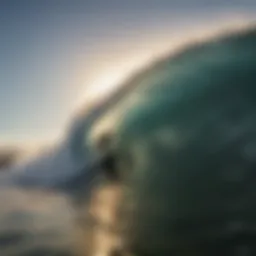A surfer riding a magnificent wave at sunrise, showcasing the beauty of the ocean.