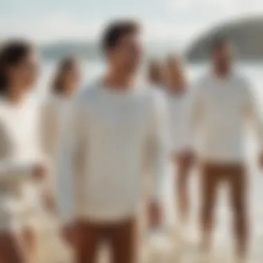 Group of beachgoers enjoying activities wearing white sweaters