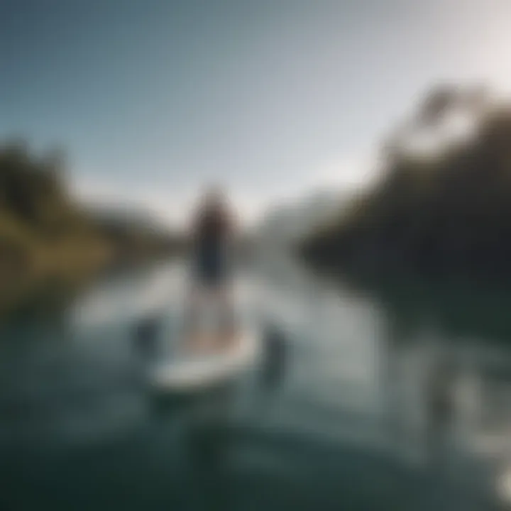 A serene water scene with paddleboarders of varying skill levels enjoying their experience.