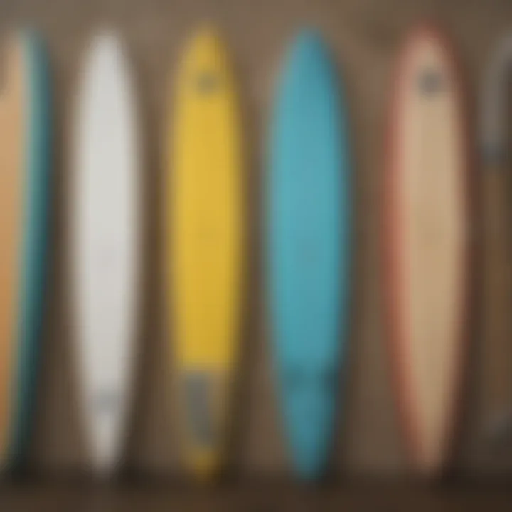 A detailed view of various surfboard paddles showcasing their design variations.