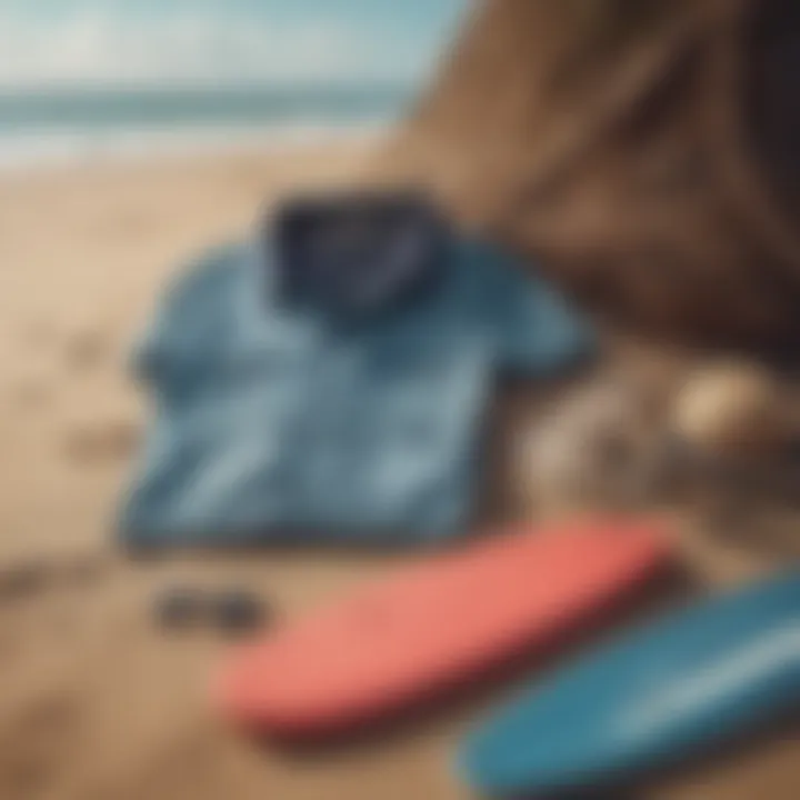 Stylish beach apparel laid out against a coastal backdrop