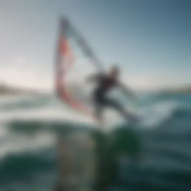 A scenic view of windsurfing gear in action on a vibrant water surface.