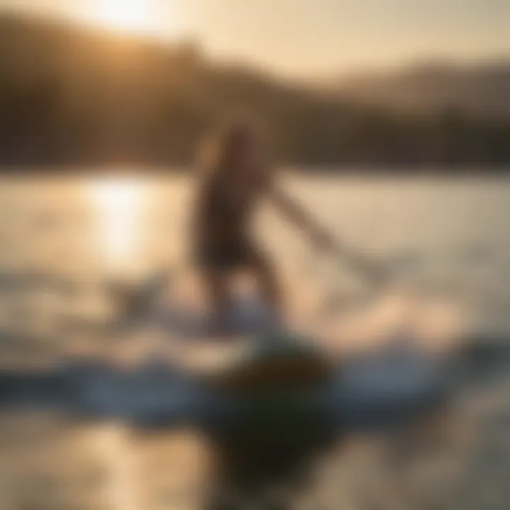 A serene landscape showcasing a battery-powered water board in action against a sunset