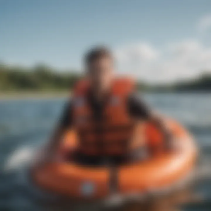 An individual navigating through water wearing a buoyant life preserver