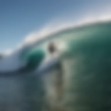 A surfer expertly riding a wedge wave at a coastal destination