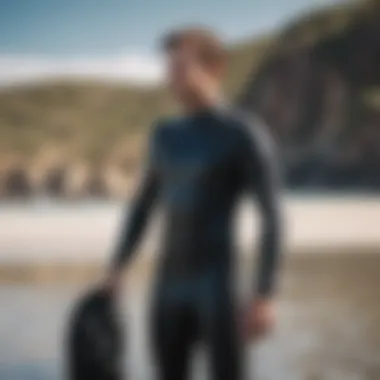 A tall individual examining a wetsuit for fit.