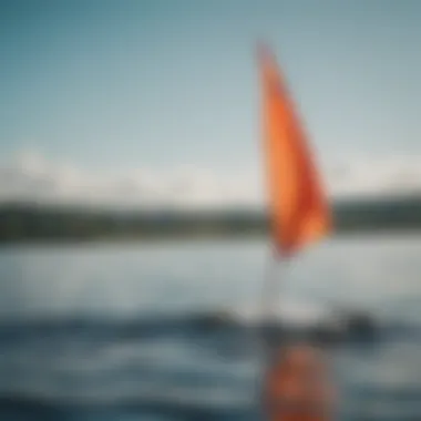 Vibrant windsock fluttering in the breeze over a serene water body